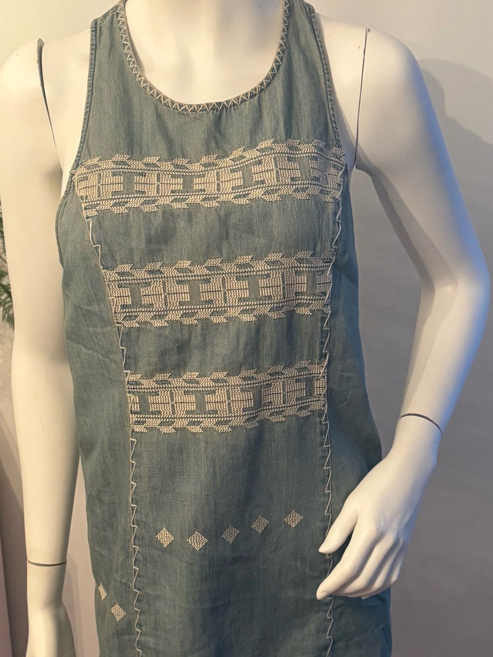 Free People Embroidered Denim-Style Sleeveless Shift Dress in Blue